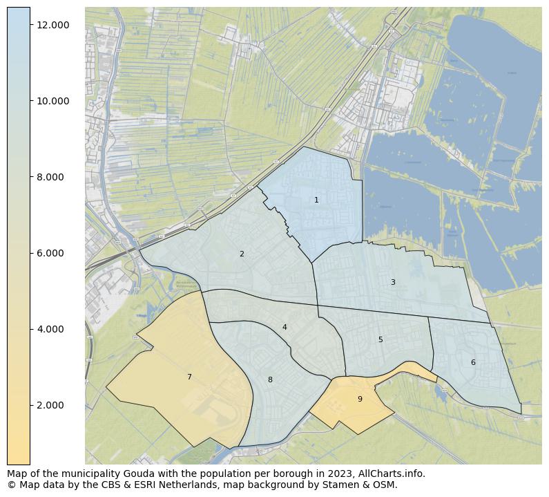 Map of the municipality Gouda with the population per borough in 2023. This page shows a lot of information about residents (such as the distribution by age groups, family composition, gender, native or Dutch with an immigration background, ...), homes (numbers, types, price development, use, type of property, ...) and more (car ownership, energy consumption, ...) based on open data from the Dutch Central Bureau of Statistics and various other sources!