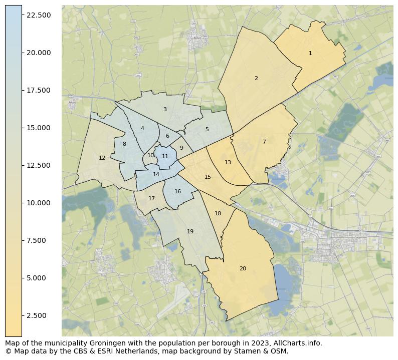 Map of the municipality Groningen with the population per borough in 2023. This page shows a lot of information about residents (such as the distribution by age groups, family composition, gender, native or Dutch with an immigration background, ...), homes (numbers, types, price development, use, type of property, ...) and more (car ownership, energy consumption, ...) based on open data from the Dutch Central Bureau of Statistics and various other sources!