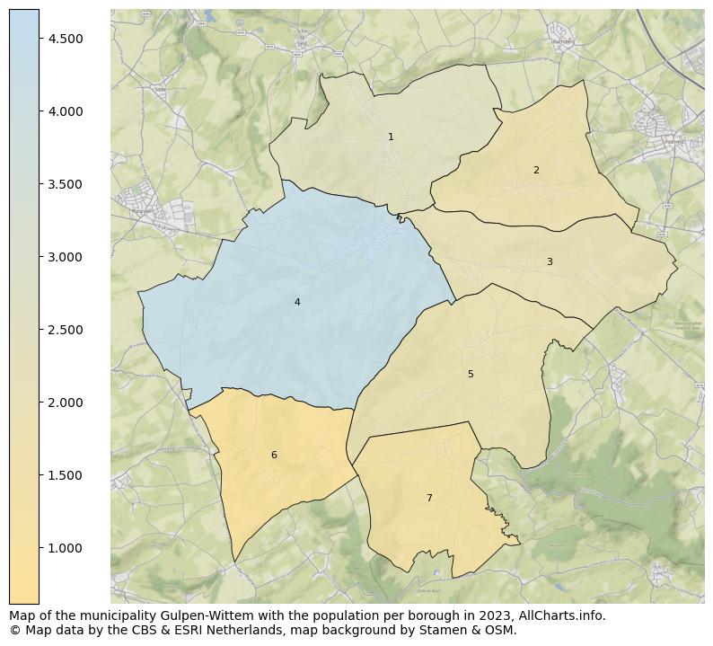 Map of the municipality Gulpen-Wittem with the population per borough in 2023. This page shows a lot of information about residents (such as the distribution by age groups, family composition, gender, native or Dutch with an immigration background, ...), homes (numbers, types, price development, use, type of property, ...) and more (car ownership, energy consumption, ...) based on open data from the Dutch Central Bureau of Statistics and various other sources!