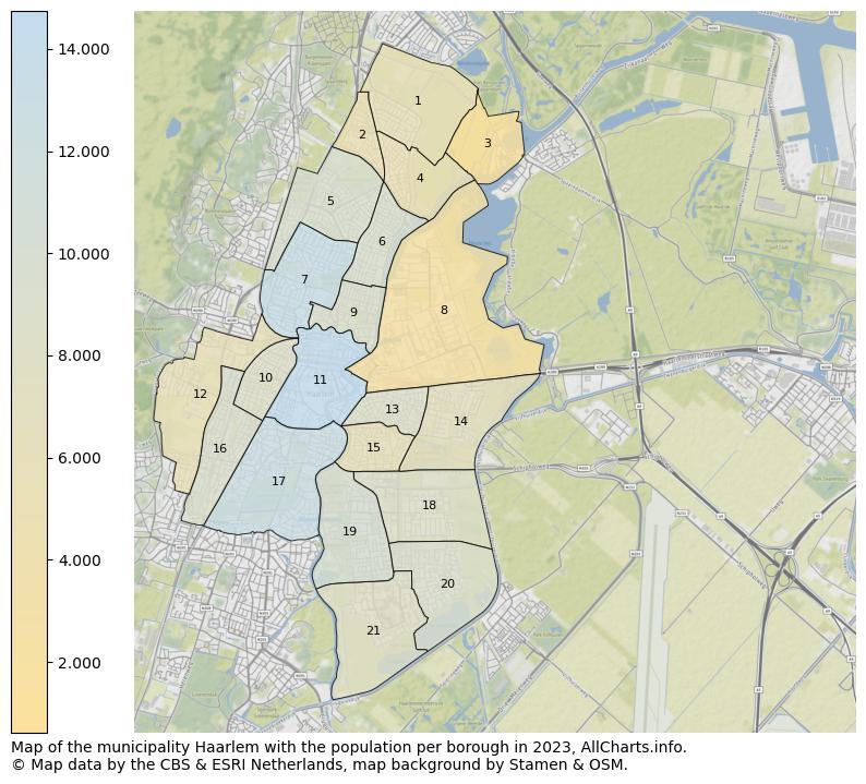 Map of the municipality Haarlem with the population per borough in 2023. This page shows a lot of information about residents (such as the distribution by age groups, family composition, gender, native or Dutch with an immigration background, ...), homes (numbers, types, price development, use, type of property, ...) and more (car ownership, energy consumption, ...) based on open data from the Dutch Central Bureau of Statistics and various other sources!