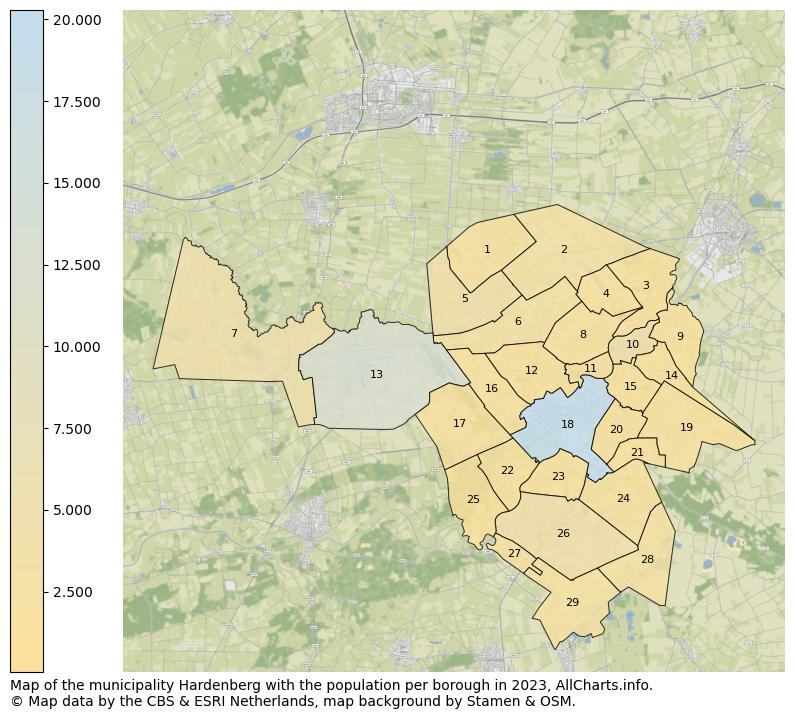 Map of the municipality Hardenberg with the population per borough in 2023. This page shows a lot of information about residents (such as the distribution by age groups, family composition, gender, native or Dutch with an immigration background, ...), homes (numbers, types, price development, use, type of property, ...) and more (car ownership, energy consumption, ...) based on open data from the Dutch Central Bureau of Statistics and various other sources!