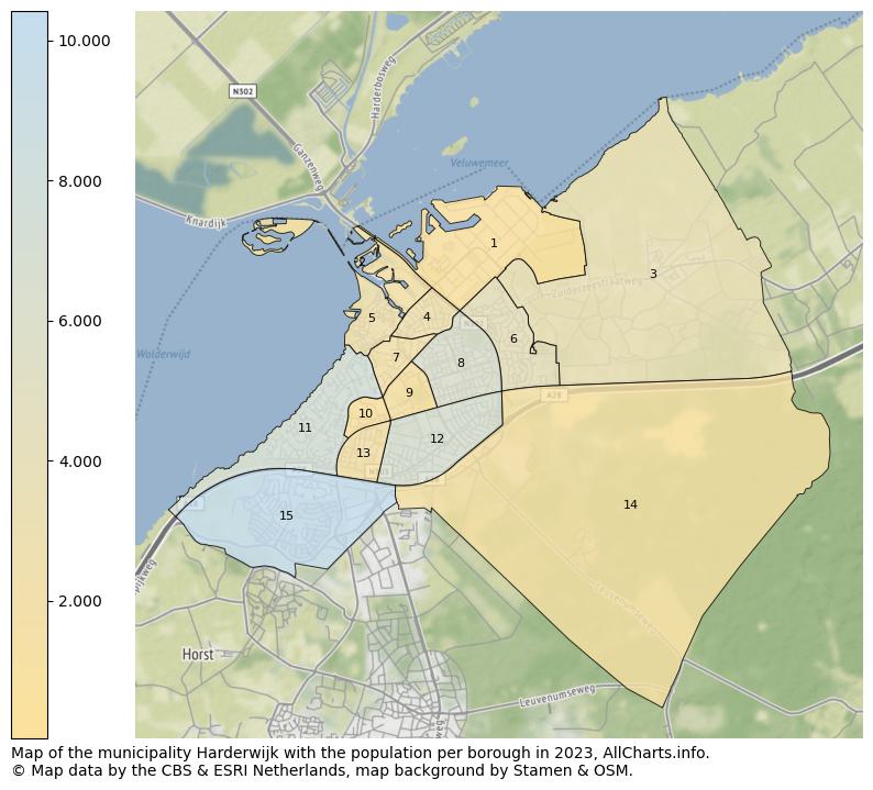 Map of the municipality Harderwijk with the population per borough in 2022. This page shows a lot of information about residents (such as the distribution by age groups, family composition, gender, native or Dutch with an immigration background, ...), homes (numbers, types, price development, use, type of property, ...) and more (car ownership, energy consumption, ...) based on open data from the Dutch Central Bureau of Statistics and various other sources!