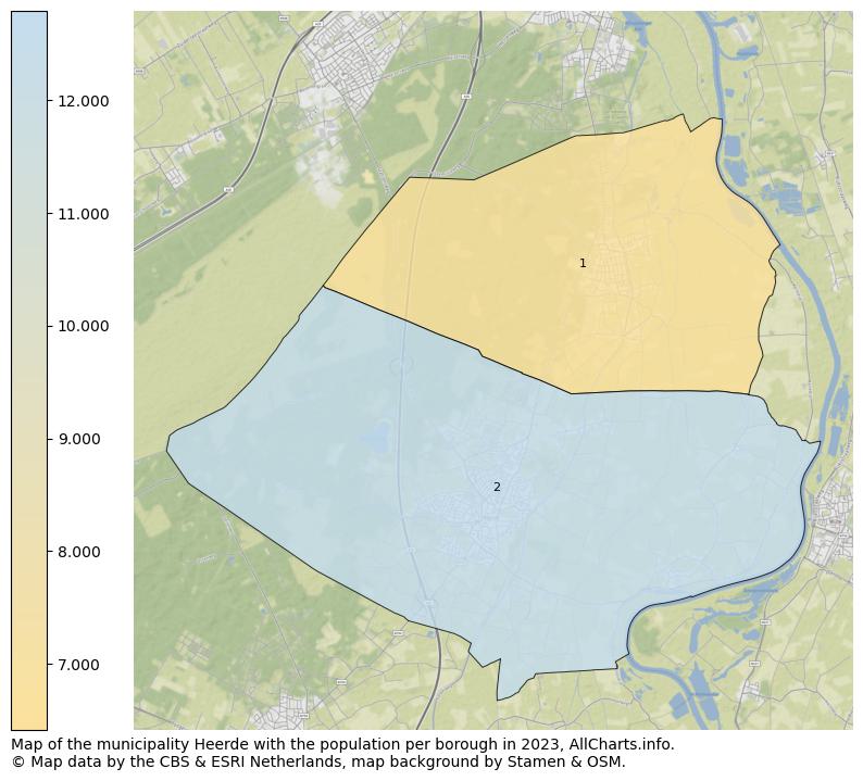 Map of the municipality Heerde with the population per borough in 2023. This page shows a lot of information about residents (such as the distribution by age groups, family composition, gender, native or Dutch with an immigration background, ...), homes (numbers, types, price development, use, type of property, ...) and more (car ownership, energy consumption, ...) based on open data from the Dutch Central Bureau of Statistics and various other sources!