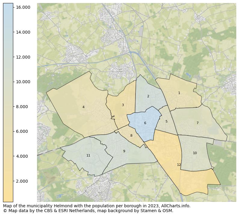 Map of the municipality Helmond with the population per borough in 2023. This page shows a lot of information about residents (such as the distribution by age groups, family composition, gender, native or Dutch with an immigration background, ...), homes (numbers, types, price development, use, type of property, ...) and more (car ownership, energy consumption, ...) based on open data from the Dutch Central Bureau of Statistics and various other sources!