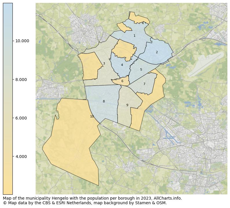 Map of the municipality Hengelo with the population per borough in 2023. This page shows a lot of information about residents (such as the distribution by age groups, family composition, gender, native or Dutch with an immigration background, ...), homes (numbers, types, price development, use, type of property, ...) and more (car ownership, energy consumption, ...) based on open data from the Dutch Central Bureau of Statistics and various other sources!