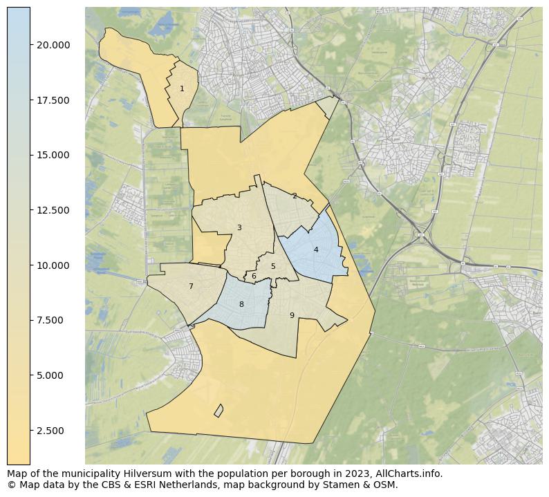 Map of the municipality Hilversum with the population per borough in 2023. This page shows a lot of information about residents (such as the distribution by age groups, family composition, gender, native or Dutch with an immigration background, ...), homes (numbers, types, price development, use, type of property, ...) and more (car ownership, energy consumption, ...) based on open data from the Dutch Central Bureau of Statistics and various other sources!