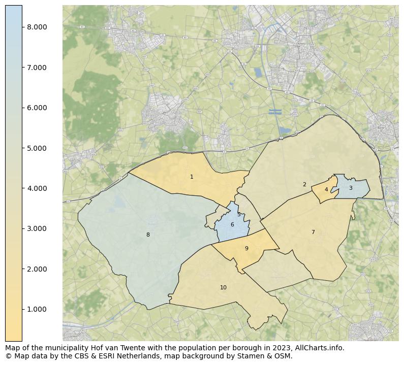 Map of the municipality Hof van Twente with the population per borough in 2023. This page shows a lot of information about residents (such as the distribution by age groups, family composition, gender, native or Dutch with an immigration background, ...), homes (numbers, types, price development, use, type of property, ...) and more (car ownership, energy consumption, ...) based on open data from the Dutch Central Bureau of Statistics and various other sources!