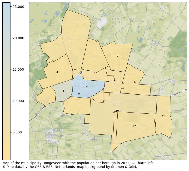 Map of the municipality Hoogeveen with the population per borough in 2023. This page shows a lot of information about residents (such as the distribution by age groups, family composition, gender, native or Dutch with an immigration background, ...), homes (numbers, types, price development, use, type of property, ...) and more (car ownership, energy consumption, ...) based on open data from the Dutch Central Bureau of Statistics and various other sources!
