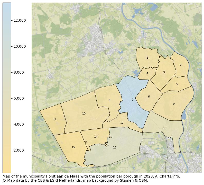 Map of the municipality Horst aan de Maas with the population per borough in 2023. This page shows a lot of information about residents (such as the distribution by age groups, family composition, gender, native or Dutch with an immigration background, ...), homes (numbers, types, price development, use, type of property, ...) and more (car ownership, energy consumption, ...) based on open data from the Dutch Central Bureau of Statistics and various other sources!