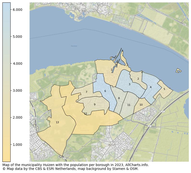 Map of the municipality Huizen with the population per borough in 2022. This page shows a lot of information about residents (such as the distribution by age groups, family composition, gender, native or Dutch with an immigration background, ...), homes (numbers, types, price development, use, type of property, ...) and more (car ownership, energy consumption, ...) based on open data from the Dutch Central Bureau of Statistics and various other sources!