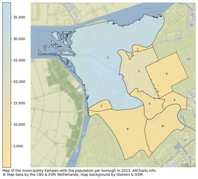 Map of the municipality Kampen with the population per borough in 2023. This page shows a lot of information about residents (such as the distribution by age groups, family composition, gender, native or Dutch with an immigration background, ...), homes (numbers, types, price development, use, type of property, ...) and more (car ownership, energy consumption, ...) based on open data from the Dutch Central Bureau of Statistics and various other sources!
