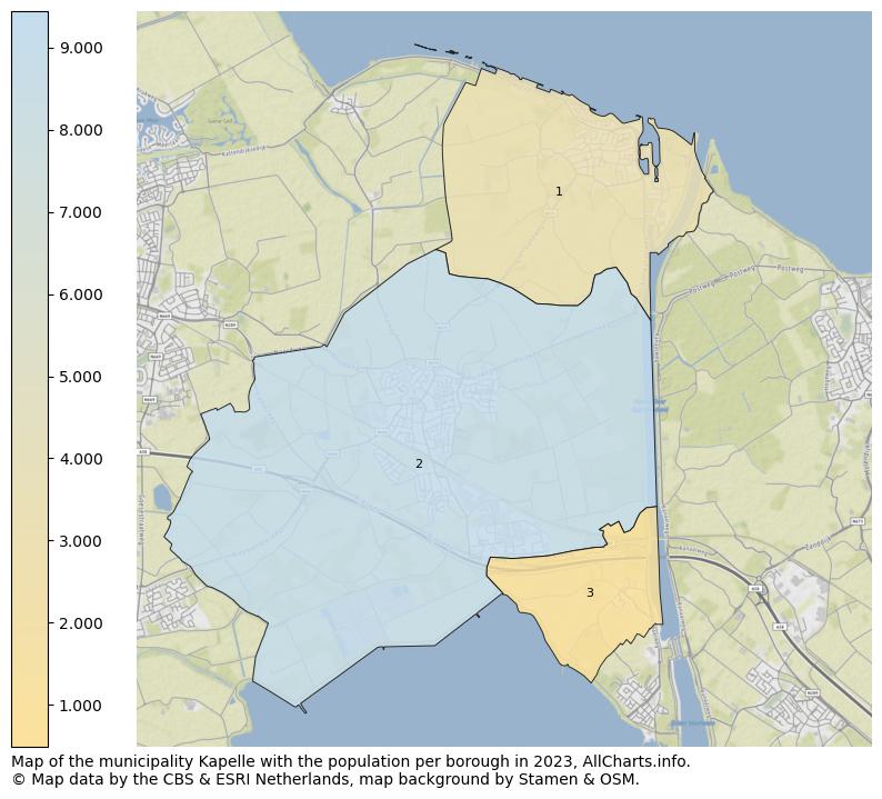 Map of the municipality Kapelle with the population per borough in 2023. This page shows a lot of information about residents (such as the distribution by age groups, family composition, gender, native or Dutch with an immigration background, ...), homes (numbers, types, price development, use, type of property, ...) and more (car ownership, energy consumption, ...) based on open data from the Dutch Central Bureau of Statistics and various other sources!