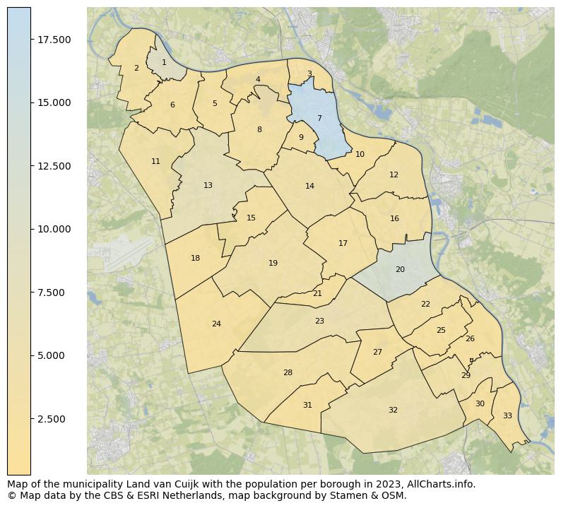 Map of the municipality Land van Cuijk with the population per borough in 2023. This page shows a lot of information about residents (such as the distribution by age groups, family composition, gender, native or Dutch with an immigration background, ...), homes (numbers, types, price development, use, type of property, ...) and more (car ownership, energy consumption, ...) based on open data from the Dutch Central Bureau of Statistics and various other sources!