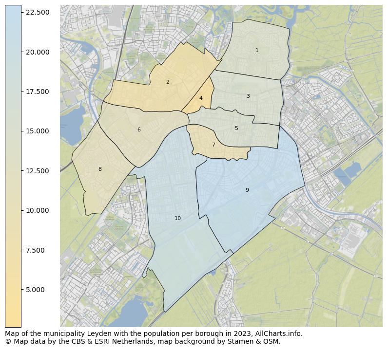 Map of the municipality Leyden with the population per borough in 2023. This page shows a lot of information about residents (such as the distribution by age groups, family composition, gender, native or Dutch with an immigration background, ...), homes (numbers, types, price development, use, type of property, ...) and more (car ownership, energy consumption, ...) based on open data from the Dutch Central Bureau of Statistics and various other sources!