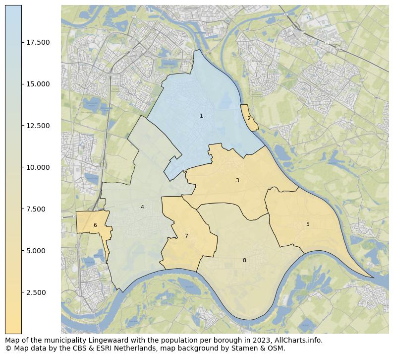 Map of the municipality Lingewaard with the population per borough in 2023. This page shows a lot of information about residents (such as the distribution by age groups, family composition, gender, native or Dutch with an immigration background, ...), homes (numbers, types, price development, use, type of property, ...) and more (car ownership, energy consumption, ...) based on open data from the Dutch Central Bureau of Statistics and various other sources!
