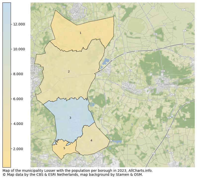 Map of the municipality Losser with the population per borough in 2023. This page shows a lot of information about residents (such as the distribution by age groups, family composition, gender, native or Dutch with an immigration background, ...), homes (numbers, types, price development, use, type of property, ...) and more (car ownership, energy consumption, ...) based on open data from the Dutch Central Bureau of Statistics and various other sources!