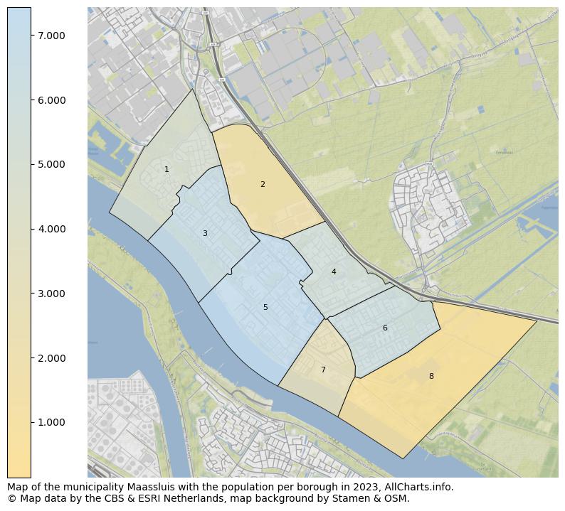 Map of the municipality Maassluis with the population per borough in 2023. This page shows a lot of information about residents (such as the distribution by age groups, family composition, gender, native or Dutch with an immigration background, ...), homes (numbers, types, price development, use, type of property, ...) and more (car ownership, energy consumption, ...) based on open data from the Dutch Central Bureau of Statistics and various other sources!