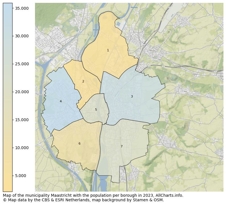 Map of the municipality Maastricht with the population per borough in 2023. This page shows a lot of information about residents (such as the distribution by age groups, family composition, gender, native or Dutch with an immigration background, ...), homes (numbers, types, price development, use, type of property, ...) and more (car ownership, energy consumption, ...) based on open data from the Dutch Central Bureau of Statistics and various other sources!