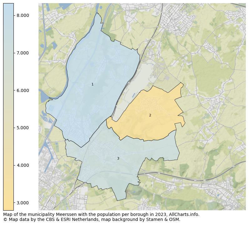 Map of the municipality Meerssen with the population per borough in 2023. This page shows a lot of information about residents (such as the distribution by age groups, family composition, gender, native or Dutch with an immigration background, ...), homes (numbers, types, price development, use, type of property, ...) and more (car ownership, energy consumption, ...) based on open data from the Dutch Central Bureau of Statistics and various other sources!