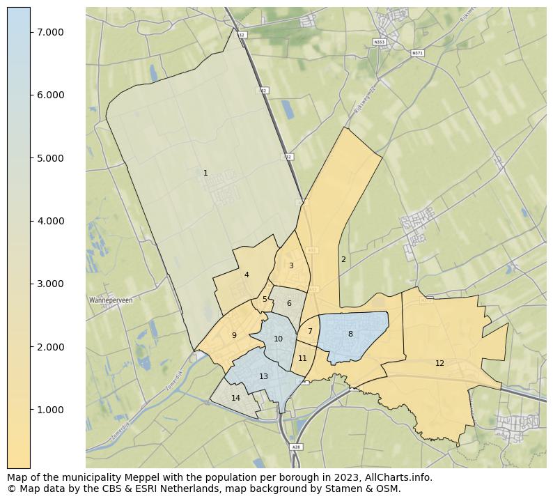 Map of the municipality Meppel with the population per borough in 2023. This page shows a lot of information about residents (such as the distribution by age groups, family composition, gender, native or Dutch with an immigration background, ...), homes (numbers, types, price development, use, type of property, ...) and more (car ownership, energy consumption, ...) based on open data from the Dutch Central Bureau of Statistics and various other sources!