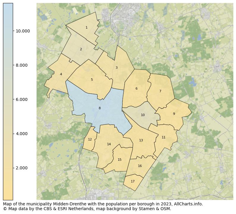 Map of the municipality Midden-Drenthe with the population per borough in 2023. This page shows a lot of information about residents (such as the distribution by age groups, family composition, gender, native or Dutch with an immigration background, ...), homes (numbers, types, price development, use, type of property, ...) and more (car ownership, energy consumption, ...) based on open data from the Dutch Central Bureau of Statistics and various other sources!