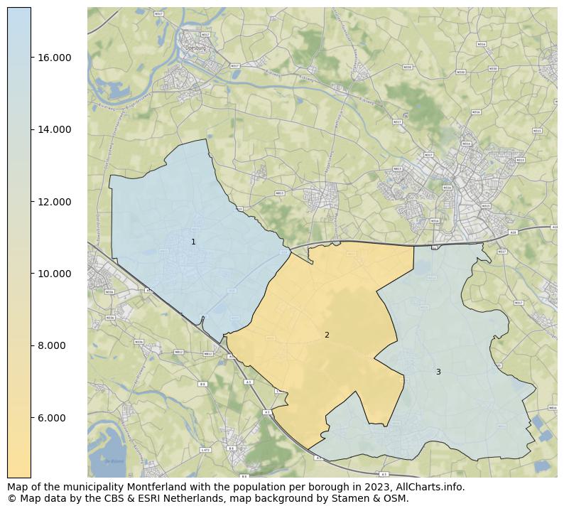 Map of the municipality Montferland with the population per borough in 2023. This page shows a lot of information about residents (such as the distribution by age groups, family composition, gender, native or Dutch with an immigration background, ...), homes (numbers, types, price development, use, type of property, ...) and more (car ownership, energy consumption, ...) based on open data from the Dutch Central Bureau of Statistics and various other sources!