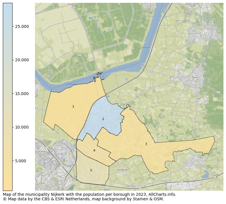 Map of the municipality Nijkerk with the population per borough in 2023. This page shows a lot of information about residents (such as the distribution by age groups, family composition, gender, native or Dutch with an immigration background, ...), homes (numbers, types, price development, use, type of property, ...) and more (car ownership, energy consumption, ...) based on open data from the Dutch Central Bureau of Statistics and various other sources!