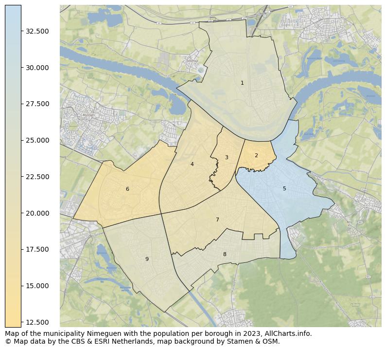 Map of the municipality Nimeguen with the population per borough in 2023. This page shows a lot of information about residents (such as the distribution by age groups, family composition, gender, native or Dutch with an immigration background, ...), homes (numbers, types, price development, use, type of property, ...) and more (car ownership, energy consumption, ...) based on open data from the Dutch Central Bureau of Statistics and various other sources!
