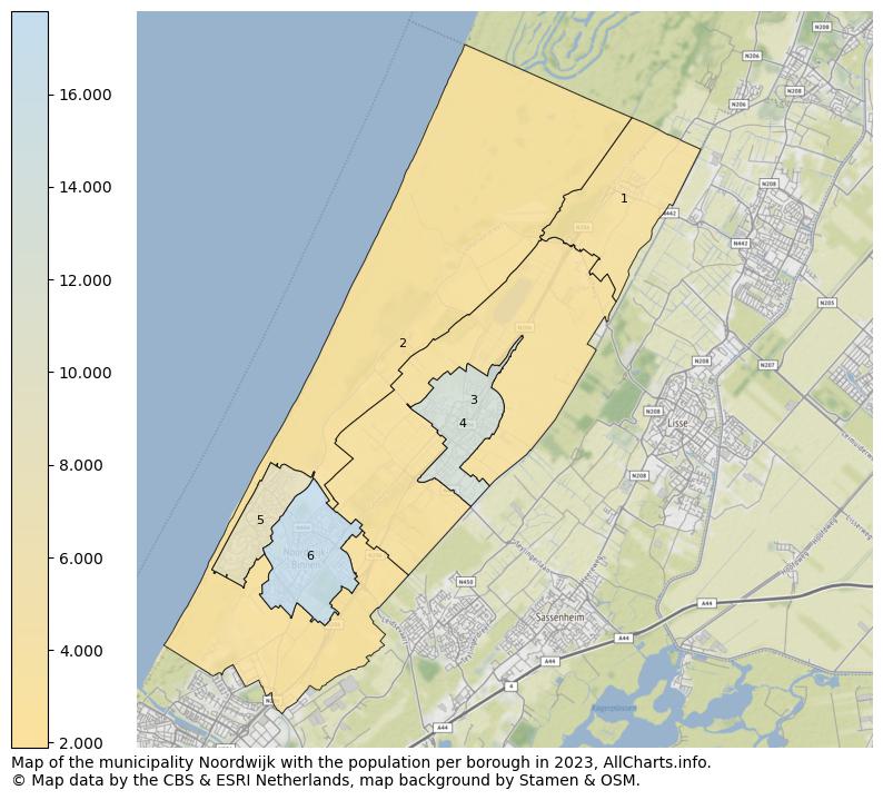 Map of the municipality Noordwijk with the population per borough in 2023. This page shows a lot of information about residents (such as the distribution by age groups, family composition, gender, native or Dutch with an immigration background, ...), homes (numbers, types, price development, use, type of property, ...) and more (car ownership, energy consumption, ...) based on open data from the Dutch Central Bureau of Statistics and various other sources!