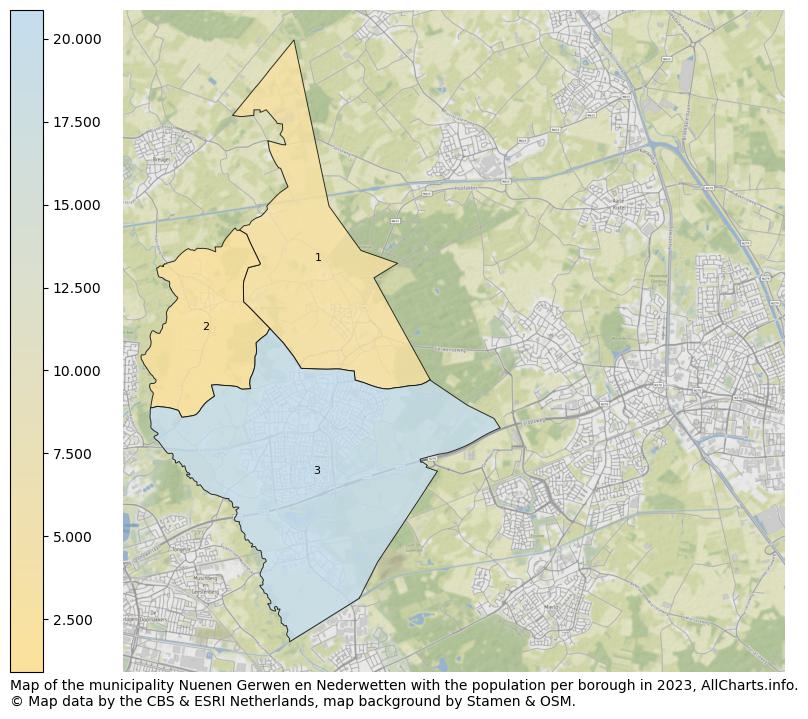 Map of the municipality Nuenen Gerwen en Nederwetten with the population per borough in 2023. This page shows a lot of information about residents (such as the distribution by age groups, family composition, gender, native or Dutch with an immigration background, ...), homes (numbers, types, price development, use, type of property, ...) and more (car ownership, energy consumption, ...) based on open data from the Dutch Central Bureau of Statistics and various other sources!
