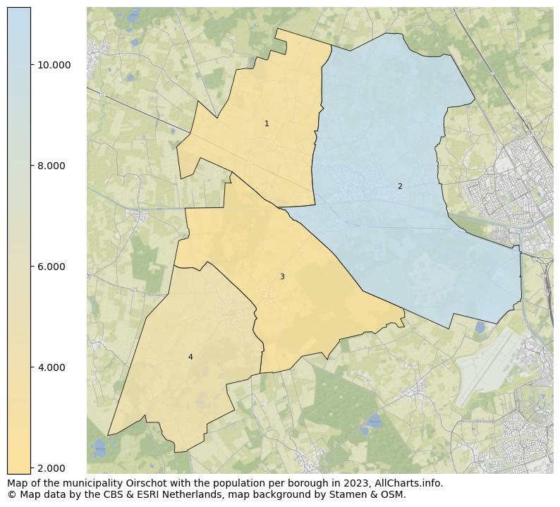 Map of the municipality Oirschot with the population per borough in 2023. This page shows a lot of information about residents (such as the distribution by age groups, family composition, gender, native or Dutch with an immigration background, ...), homes (numbers, types, price development, use, type of property, ...) and more (car ownership, energy consumption, ...) based on open data from the Dutch Central Bureau of Statistics and various other sources!