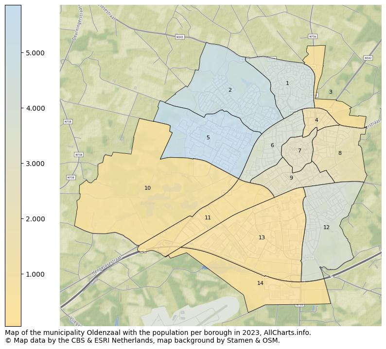 Map of the municipality Oldenzaal with the population per borough in 2023. This page shows a lot of information about residents (such as the distribution by age groups, family composition, gender, native or Dutch with an immigration background, ...), homes (numbers, types, price development, use, type of property, ...) and more (car ownership, energy consumption, ...) based on open data from the Dutch Central Bureau of Statistics and various other sources!