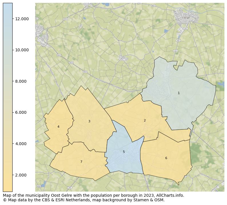 Map of the municipality Oost Gelre with the population per borough in 2023. This page shows a lot of information about residents (such as the distribution by age groups, family composition, gender, native or Dutch with an immigration background, ...), homes (numbers, types, price development, use, type of property, ...) and more (car ownership, energy consumption, ...) based on open data from the Dutch Central Bureau of Statistics and various other sources!