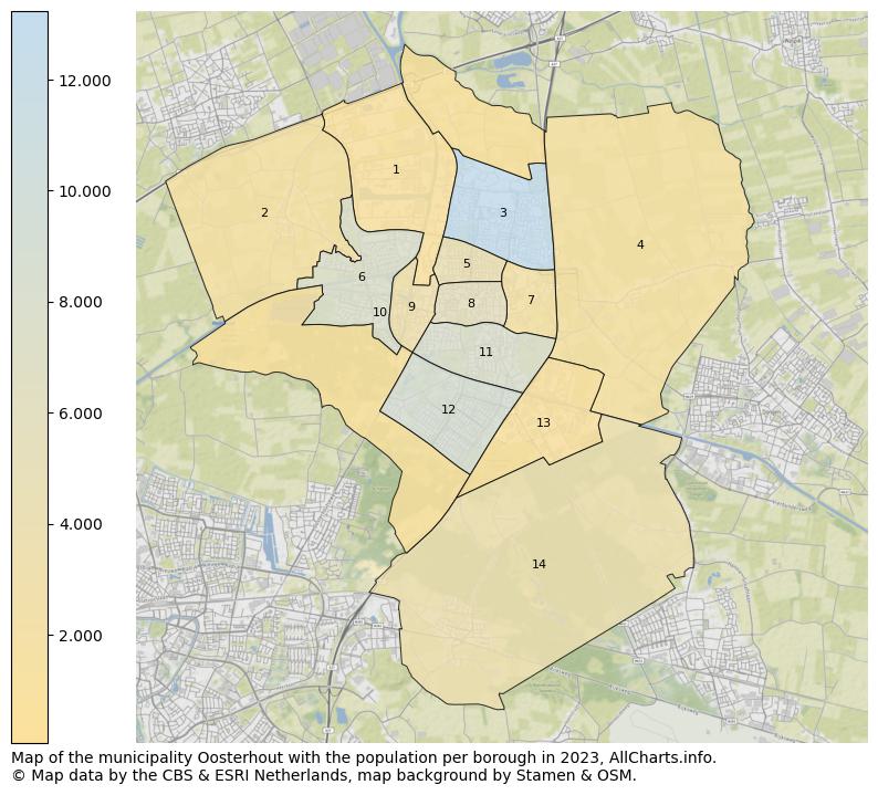 Map of the municipality Oosterhout with the population per borough in 2023. This page shows a lot of information about residents (such as the distribution by age groups, family composition, gender, native or Dutch with an immigration background, ...), homes (numbers, types, price development, use, type of property, ...) and more (car ownership, energy consumption, ...) based on open data from the Dutch Central Bureau of Statistics and various other sources!