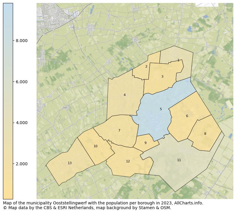 Map of the municipality Ooststellingwerf with the population per borough in 2023. This page shows a lot of information about residents (such as the distribution by age groups, family composition, gender, native or Dutch with an immigration background, ...), homes (numbers, types, price development, use, type of property, ...) and more (car ownership, energy consumption, ...) based on open data from the Dutch Central Bureau of Statistics and various other sources!
