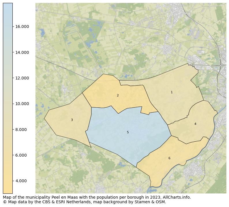 Map of the municipality Peel en Maas with the population per borough in 2023. This page shows a lot of information about residents (such as the distribution by age groups, family composition, gender, native or Dutch with an immigration background, ...), homes (numbers, types, price development, use, type of property, ...) and more (car ownership, energy consumption, ...) based on open data from the Dutch Central Bureau of Statistics and various other sources!