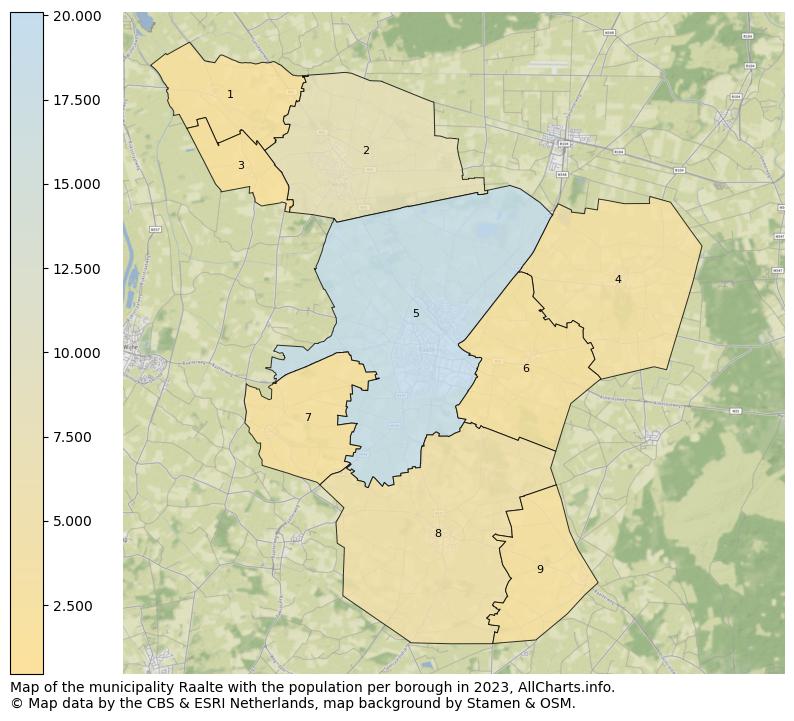 Map of the municipality Raalte with the population per borough in 2023. This page shows a lot of information about residents (such as the distribution by age groups, family composition, gender, native or Dutch with an immigration background, ...), homes (numbers, types, price development, use, type of property, ...) and more (car ownership, energy consumption, ...) based on open data from the Dutch Central Bureau of Statistics and various other sources!