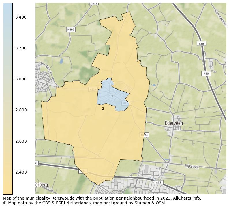 Map of the municipality Renswoude with the population per neighbourhood in 2023. This page shows a lot of information about residents (such as the distribution by age groups, family composition, gender, native or Dutch with an immigration background, ...), homes (numbers, types, price development, use, type of property, ...) and more (car ownership, energy consumption, ...) based on open data from the Dutch Central Bureau of Statistics and various other sources!