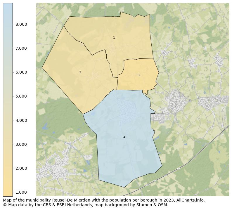 Map of the municipality Reusel-De Mierden with the population per borough in 2023. This page shows a lot of information about residents (such as the distribution by age groups, family composition, gender, native or Dutch with an immigration background, ...), homes (numbers, types, price development, use, type of property, ...) and more (car ownership, energy consumption, ...) based on open data from the Dutch Central Bureau of Statistics and various other sources!