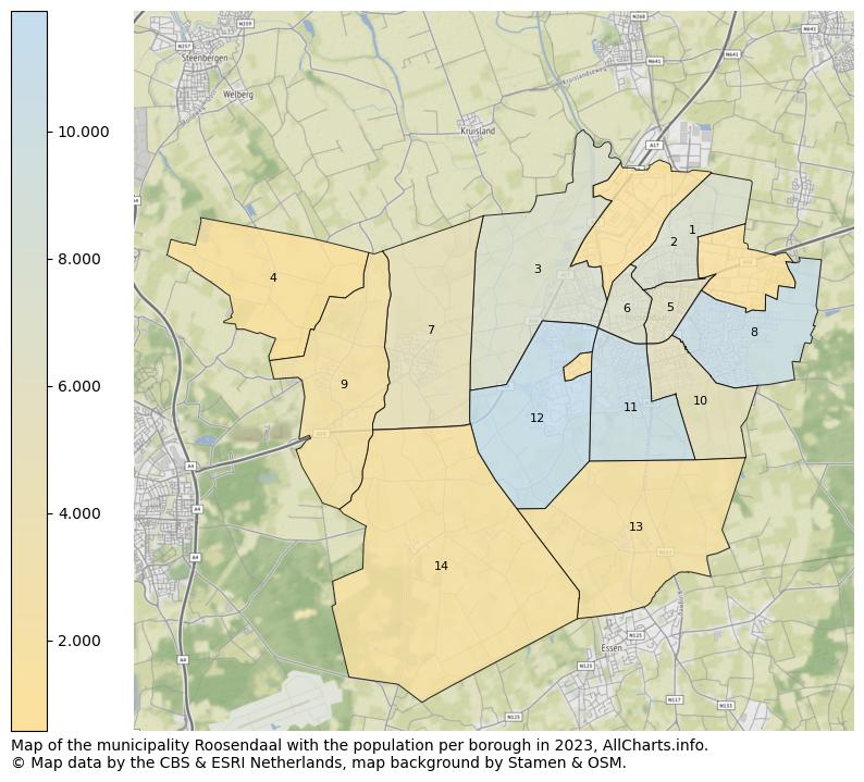 Map of the municipality Roosendaal with the population per borough in 2023. This page shows a lot of information about residents (such as the distribution by age groups, family composition, gender, native or Dutch with an immigration background, ...), homes (numbers, types, price development, use, type of property, ...) and more (car ownership, energy consumption, ...) based on open data from the Dutch Central Bureau of Statistics and various other sources!