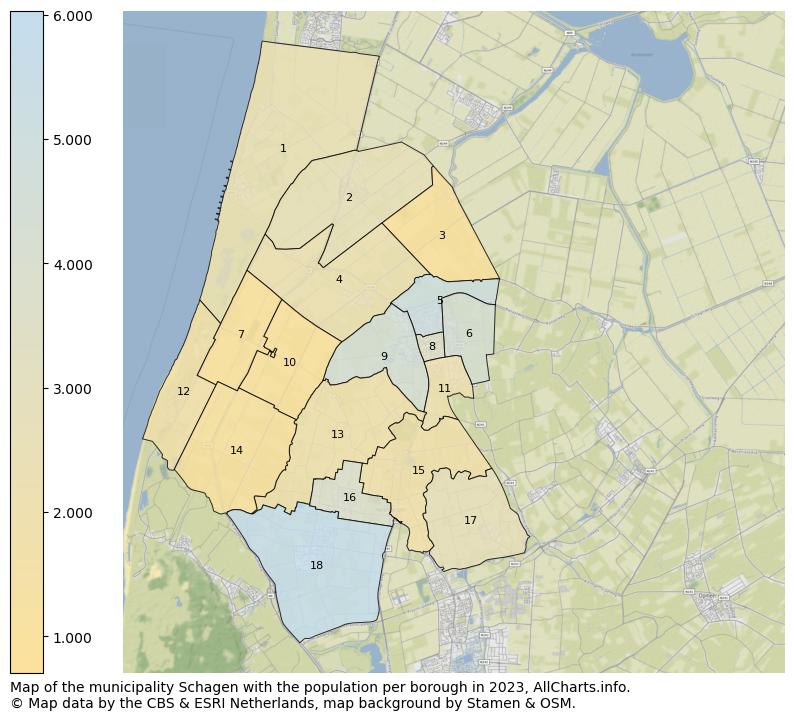 Map of the municipality Schagen with the population per borough in 2023. This page shows a lot of information about residents (such as the distribution by age groups, family composition, gender, native or Dutch with an immigration background, ...), homes (numbers, types, price development, use, type of property, ...) and more (car ownership, energy consumption, ...) based on open data from the Dutch Central Bureau of Statistics and various other sources!