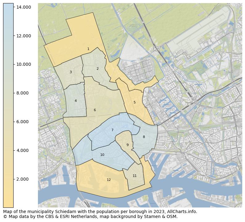 Map of the municipality Schiedam with the population per borough in 2023. This page shows a lot of information about residents (such as the distribution by age groups, family composition, gender, native or Dutch with an immigration background, ...), homes (numbers, types, price development, use, type of property, ...) and more (car ownership, energy consumption, ...) based on open data from the Dutch Central Bureau of Statistics and various other sources!