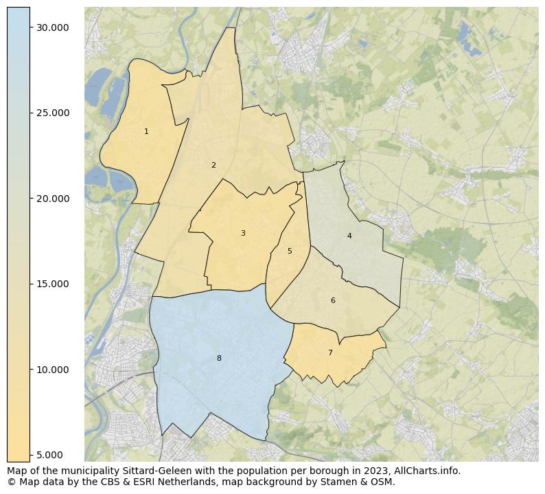 Map of the municipality Sittard-Geleen with the population per borough in 2023. This page shows a lot of information about residents (such as the distribution by age groups, family composition, gender, native or Dutch with an immigration background, ...), homes (numbers, types, price development, use, type of property, ...) and more (car ownership, energy consumption, ...) based on open data from the Dutch Central Bureau of Statistics and various other sources!