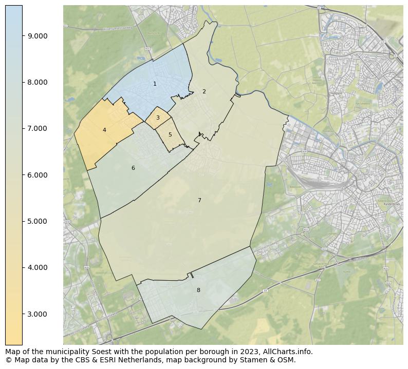 Map of the municipality Soest with the population per borough in 2022. This page shows a lot of information about residents (such as the distribution by age groups, family composition, gender, native or Dutch with an immigration background, ...), homes (numbers, types, price development, use, type of property, ...) and more (car ownership, energy consumption, ...) based on open data from the Dutch Central Bureau of Statistics and various other sources!