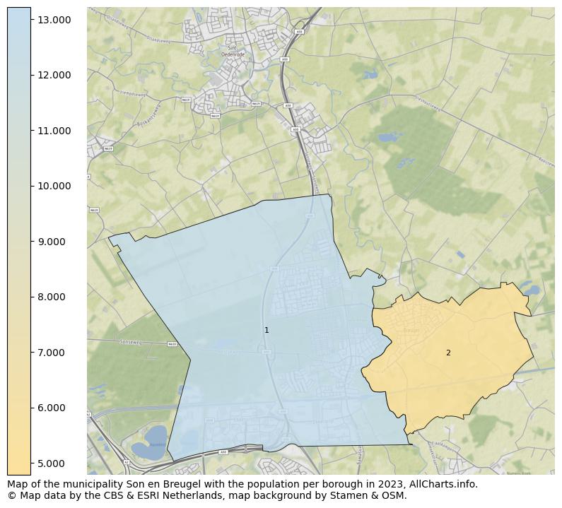 Map of the municipality Son en Breugel with the population per borough in 2023. This page shows a lot of information about residents (such as the distribution by age groups, family composition, gender, native or Dutch with an immigration background, ...), homes (numbers, types, price development, use, type of property, ...) and more (car ownership, energy consumption, ...) based on open data from the Dutch Central Bureau of Statistics and various other sources!