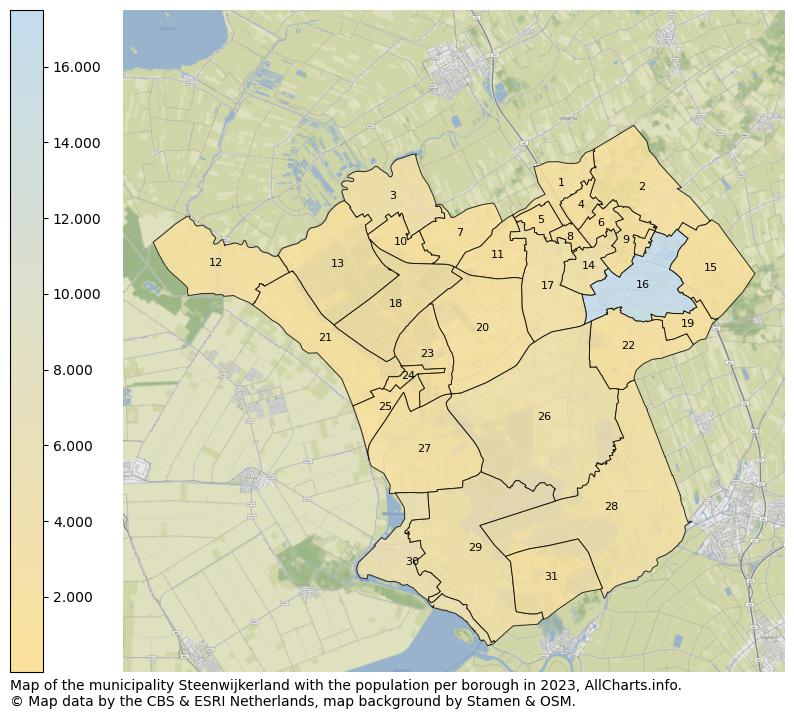 Map of the municipality Steenwijkerland with the population per borough in 2023. This page shows a lot of information about residents (such as the distribution by age groups, family composition, gender, native or Dutch with an immigration background, ...), homes (numbers, types, price development, use, type of property, ...) and more (car ownership, energy consumption, ...) based on open data from the Dutch Central Bureau of Statistics and various other sources!
