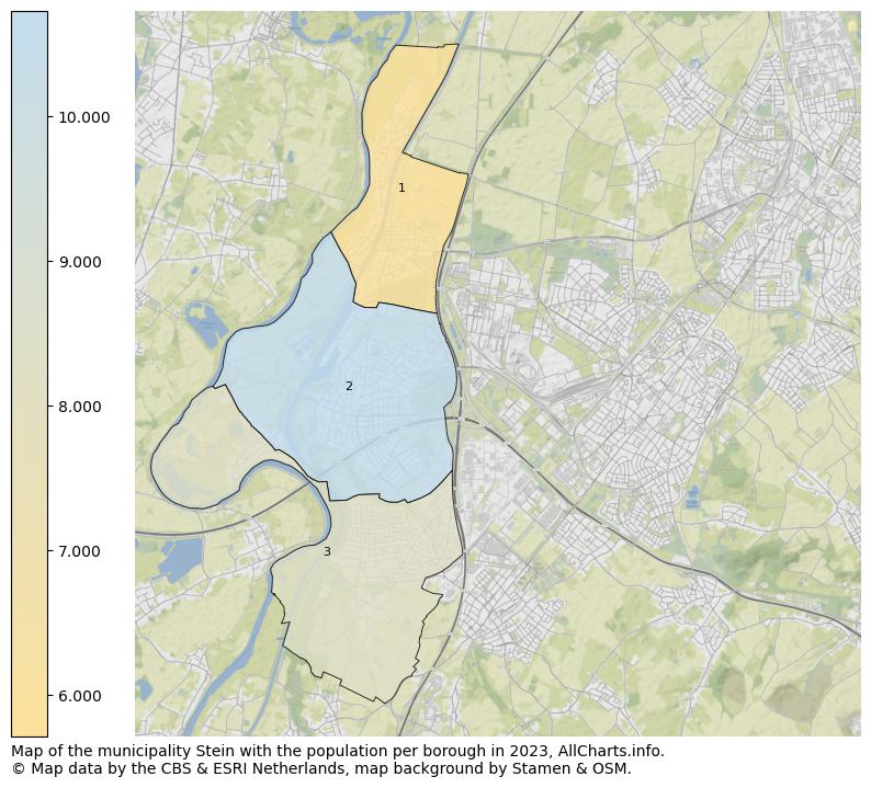 Map of the municipality Stein with the population per borough in 2023. This page shows a lot of information about residents (such as the distribution by age groups, family composition, gender, native or Dutch with an immigration background, ...), homes (numbers, types, price development, use, type of property, ...) and more (car ownership, energy consumption, ...) based on open data from the Dutch Central Bureau of Statistics and various other sources!