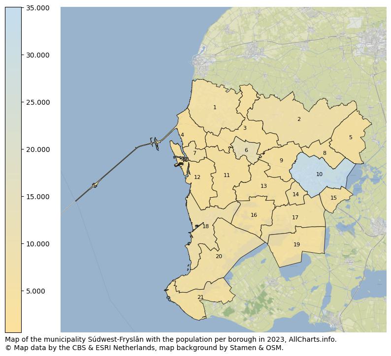 Map of the municipality Súdwest-Fryslân with the population per borough in 2023. This page shows a lot of information about residents (such as the distribution by age groups, family composition, gender, native or Dutch with an immigration background, ...), homes (numbers, types, price development, use, type of property, ...) and more (car ownership, energy consumption, ...) based on open data from the Dutch Central Bureau of Statistics and various other sources!