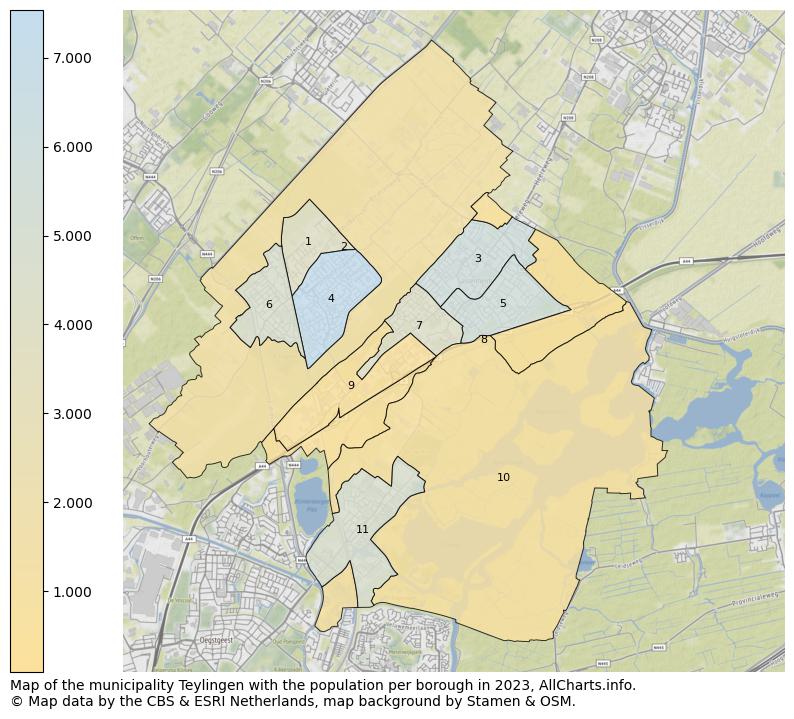 Map of the municipality Teylingen with the population per borough in 2023. This page shows a lot of information about residents (such as the distribution by age groups, family composition, gender, native or Dutch with an immigration background, ...), homes (numbers, types, price development, use, type of property, ...) and more (car ownership, energy consumption, ...) based on open data from the Dutch Central Bureau of Statistics and various other sources!
