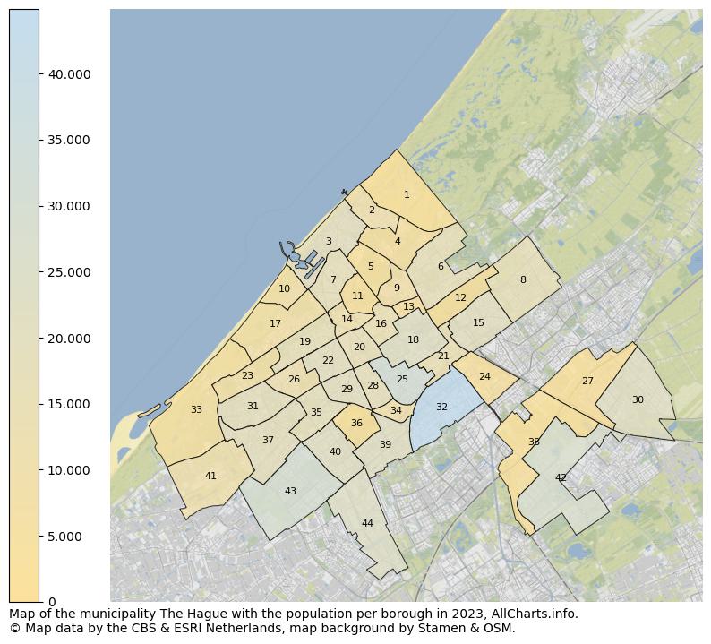 Map of the municipality The Hague with the population per borough in 2023. This page shows a lot of information about residents (such as the distribution by age groups, family composition, gender, native or Dutch with an immigration background, ...), homes (numbers, types, price development, use, type of property, ...) and more (car ownership, energy consumption, ...) based on open data from the Dutch Central Bureau of Statistics and various other sources!
